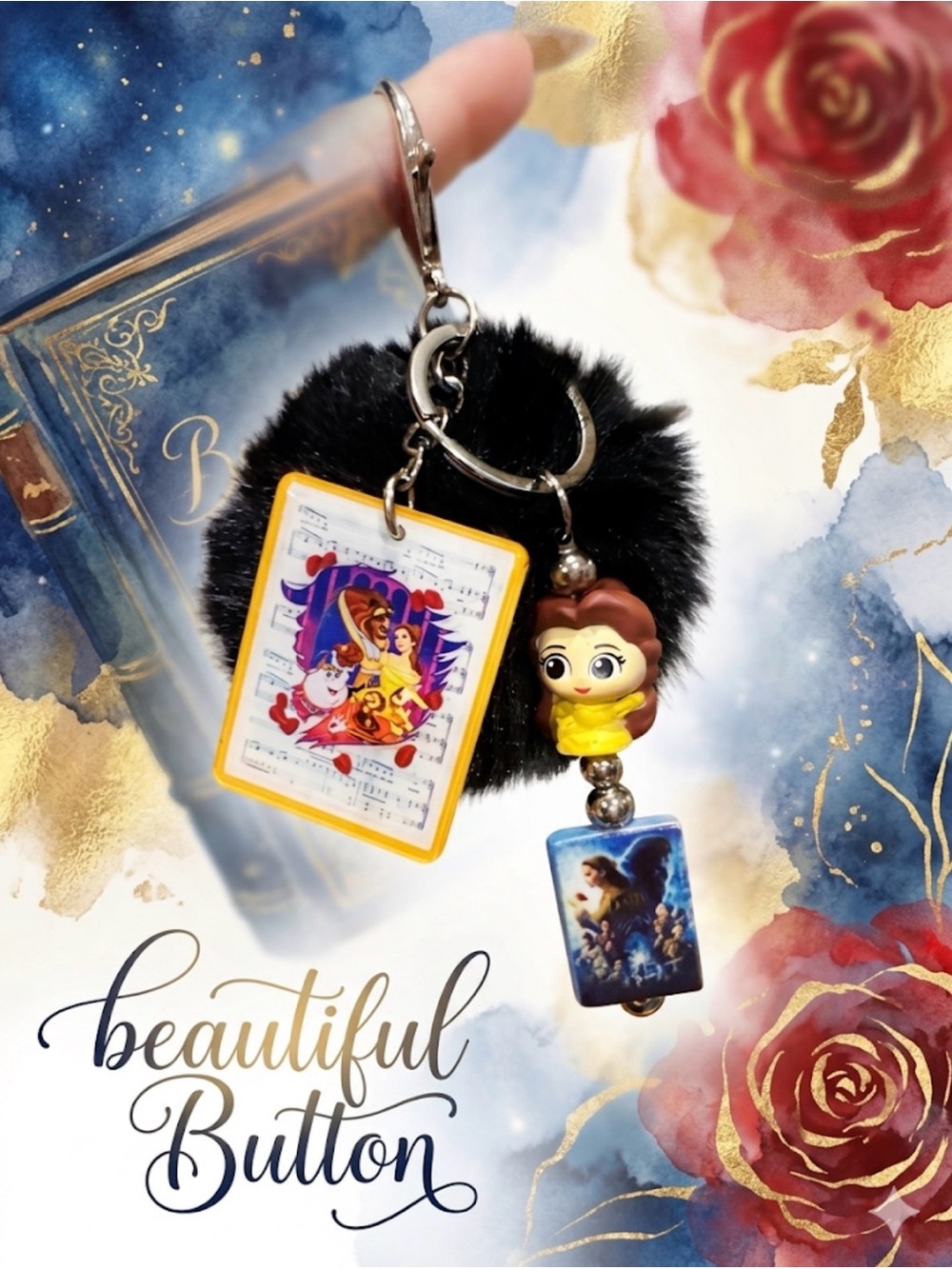Custom Pom Pom Keychain with Belle Charms - Black & Yellow